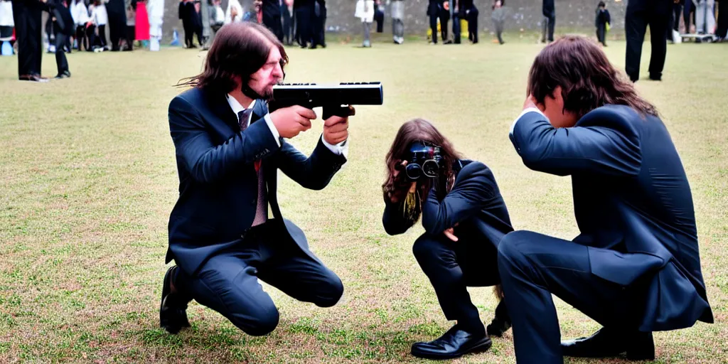 Image similar to a long hair man in suit with a gun aimed the lens while helping a jk girl squatting on the ground stand up.