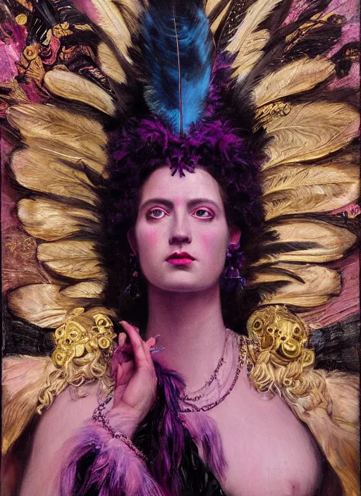 Image similar to highly detailed oil painting | very intricate | cinematic lighting | black, magenta and turquoise color scheme, dark background | the queen of heaven by jake hicks, dressed in feathers | by roberto ferri, by gustav moreau, by singer sargent and klimt, american romanticism, occult art | by austin osman spare, artstation, cgsociety, official art, octane