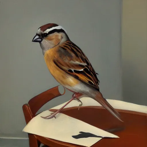 Image similar to an oil paiting of a sparrow perched on a chair, highly detailed, oleo, artstation, sharp focus, by diego velazquez