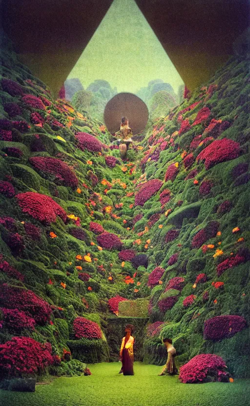 Prompt: inside of a recursive tesseract, made of flowers and leaves, in the style of the dutch masters and gregory crewdson, impressive, dark, ethereal, dramatic, epic, a masterpiece, fine art with subtle redshift rendering, in style of jugendstil, and maxfield parrish, maurice sendak, by moebius