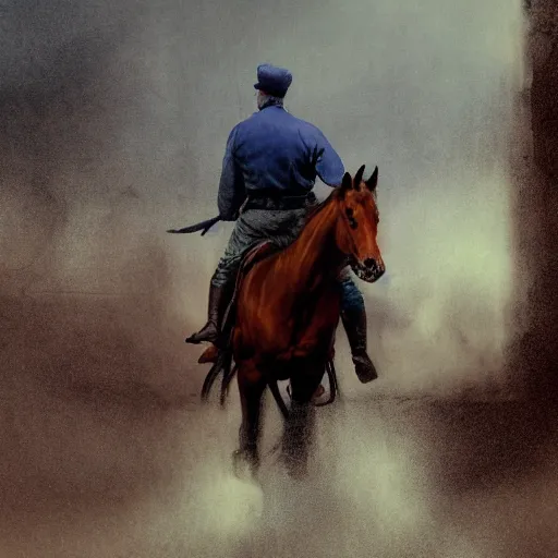 Prompt: a photo of a man riding a horse in the middle of the george floyd riots, dark, blue, red, white, cinematic lighting, by alan lee, intricate, grim, digital art, trending on artstation