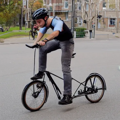 Prompt: matthias dandois wearing a flat bible shirt and riding a tiny bicycle portrait detailed