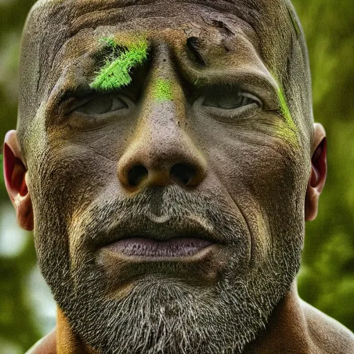 Image similar to a grey mossy rock with the face of dwayne johnson, shot on iphone 1