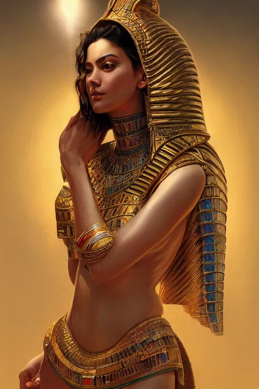 Prompt: egyptian princess, gorgeous, portrait, powerful, intricate, beautiful, masterpiece, elegant, volumetric lighting, digital painting, highly detailed, artstation, sharp focus, illustration, Hajime sorayama, ruan jia