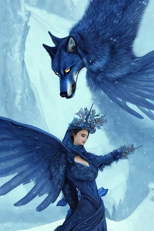 Image similar to blue wolf with wings, facing front, regal, elegant, winter, snow, beautiful, stunning, hd, illustration, epic, d & d, fantasy, intricate, elegant, highly detailed, digital painting, artstation, concept art, smooth, sharp focus, illustration, wallpaper, art by artgerm and greg rutkowski and alphonse mucha and jin xiaodi