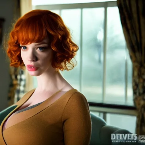 Image similar to amazing beautiful Christina Hendricks with puffy lips in the living room, film still from the movie directed by Denis Villeneuve , wide lens