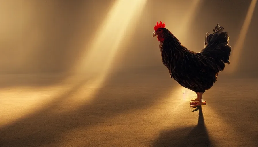Prompt: A chicken in a movie, cinematic shot, sun beams