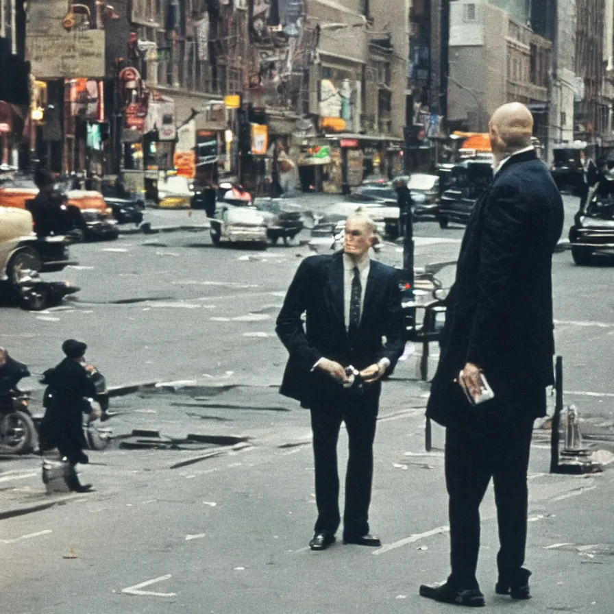 Prompt: portrait of a man in a suit in the streets of new york, 1 9 6 0 s, colour film street photography, photo taken with ektachrome, featured on flickr, photographed on damaged film