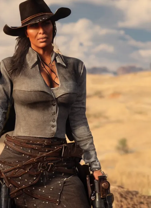 Image similar to film still of kim kardashian as Sadie Adler in rdr2.