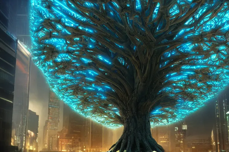 Image similar to Cybernetic tree of life in a city center, hyper real, 8k, colorful, 3D cinematic volumetric light, atmospheric light, studio ghibli inspired, fantasy LUT, high contrast, epic composition, sci-fi, dreamlike, surreal, angelic, by Moebius, wired roots