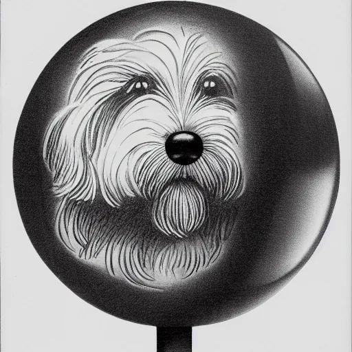 Prompt: self portrait of a havanese dog reflecting into a chrome sphere, 1 9 5 0 s, pen on paper, by mc escher