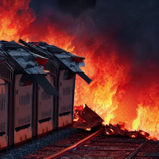 Image similar to a stack of dumpsters in flames located at the middle of a train wreck trending on artstation 4 k detailed sharp high detail