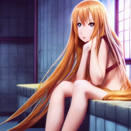 Prompt: a very beautiful young yuuki asuna sitting in a dark prison cell, full body, long wavy blond hair, sky blue eyes, full round face,, shiny golden bikini, miniskirt, front shot, sitting in a dark prison cell, highly detailed, cinematic wallpaper by stanley artgerm lau