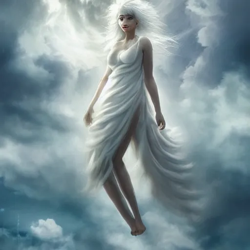 Image similar to a colossal goddess wearing a cloud fashion is looking on us from above, creative, albino skin, giant, digital art, photo manipulation, clouds, covered in clouds, girl clouds, covered by clouds, white hair, digital painting, artstation