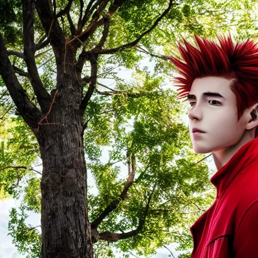 Image similar to red - haired anime boy, 1 7 - year - old anime boy with wild spiky hair, wearing red jacket, standing under tree house in city plaza,, ultra - realistic, sharp details, subsurface scattering, intricate details, hd anime, 2 0 1 9 anime