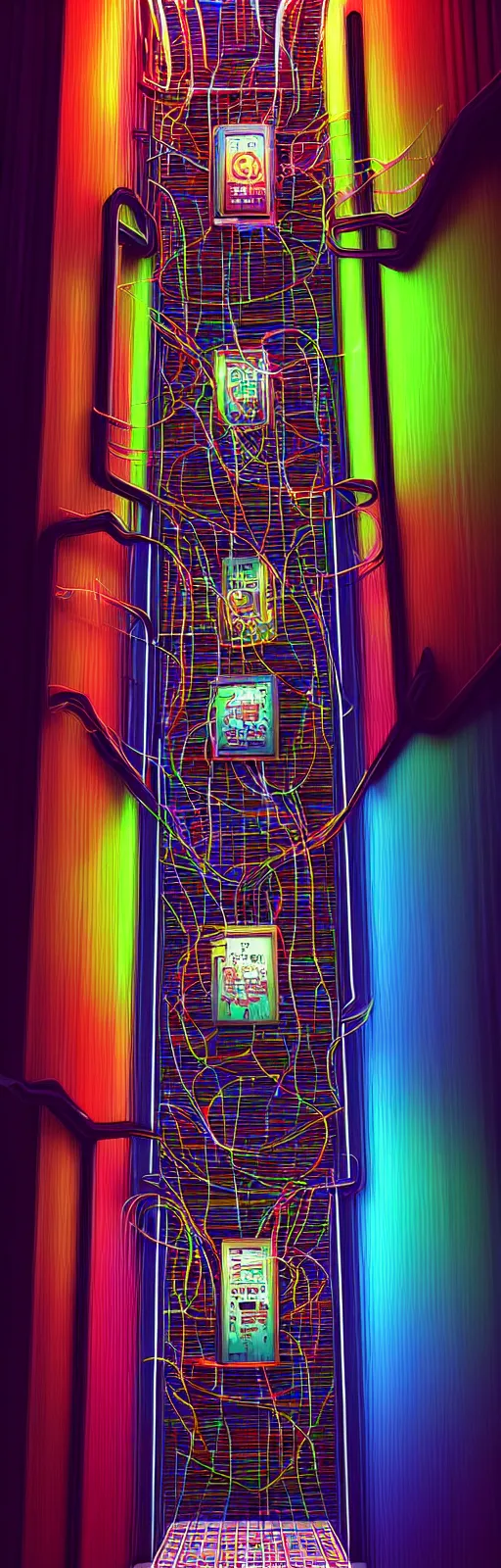 Prompt: a big realistic detailed colorful vibrant photorealistic cyberpunk elevator, wires,