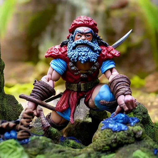 Image similar to high - res photograph of a claymation sculpture action figure warrior dwarf luffy, highly detailed sculpey diorama, forest setting, waterfall backdrop, smooth, sharp foccus, commercial product photography,