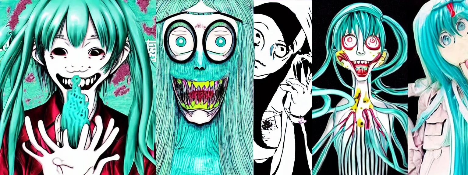 Prompt: hatsune miku infected by bacteria, transformed into a monster, junji ito