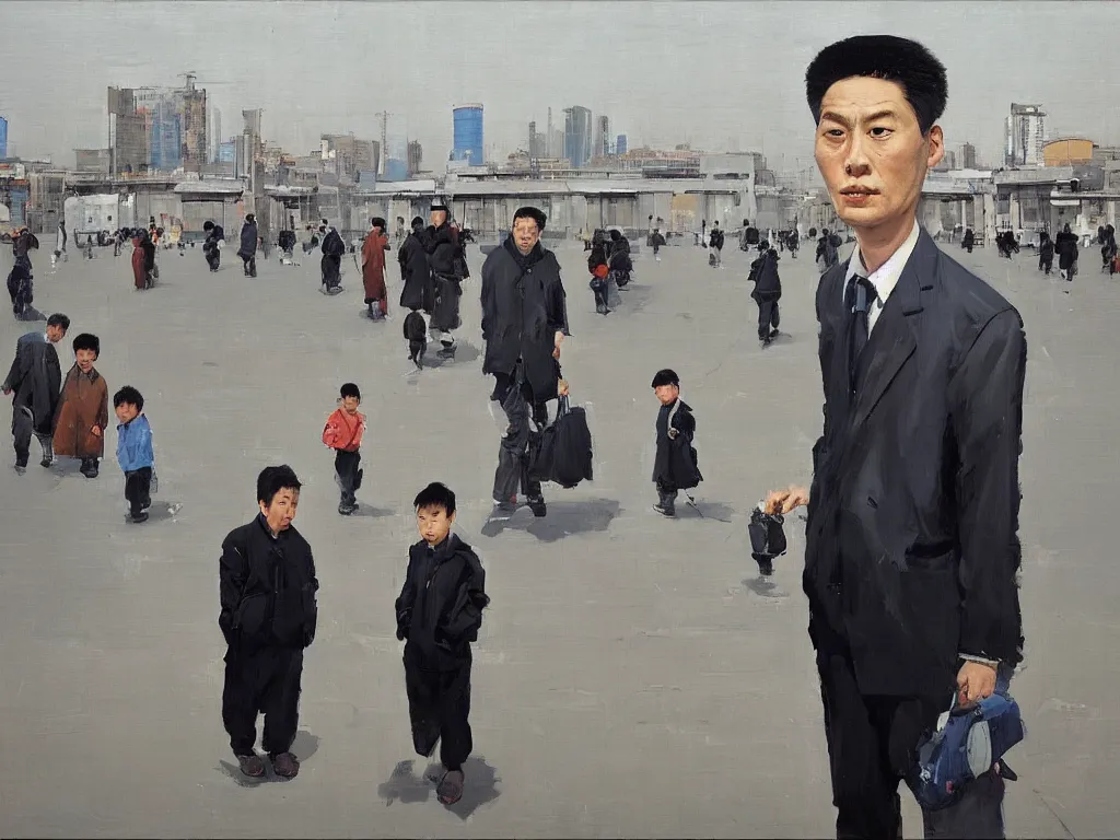 Prompt: ‘The Center of the World’ (Liu Xiaodong Neo-Realist oil painting, large brushstrokes) was filmed in Beijing in April 2013 depicting a white collar office worker. A man in his early thirties – the first single-child-generation in China. Representing a new image of an idealized urban successful booming China.