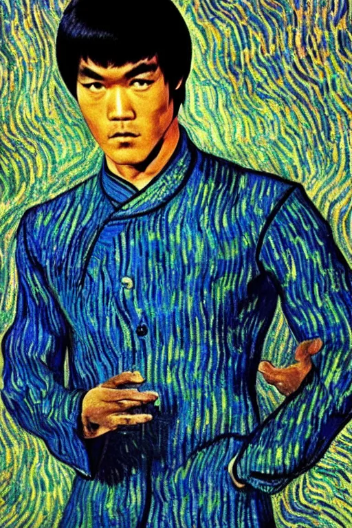 Prompt: Bruce Lee wearing a 3 piece suit designed by Vincent van Gogh, stylish, creative fashion, ethereal lighting, dramatic, unreal engine
