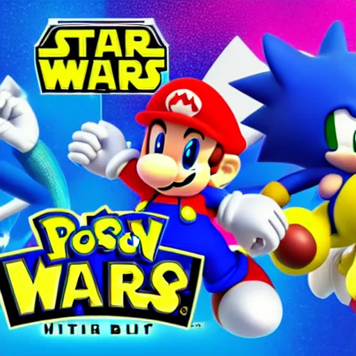 Image similar to super mario, kirby, sonic the hedgehog, super smash bros, star wars themed movie poster high detail accurate eyes and good gesture poses, pokemon anime cartoon style