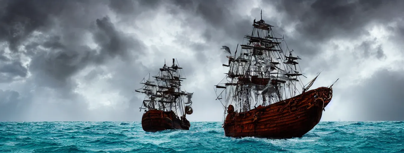 Image similar to pirate ship in the middle of the ocean, thunderstorms