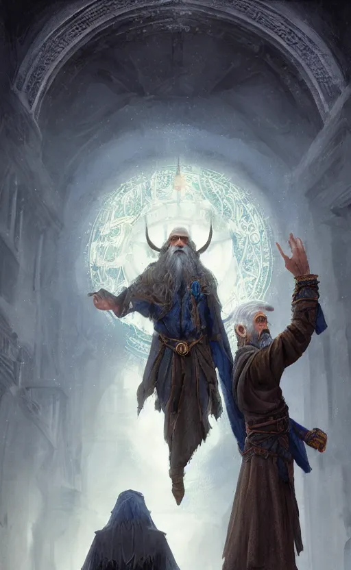 Image similar to portrait of a middle aged elf with a long beard, dressed in a blue cloak, brown grey hair, raised hand, clock iconography, detailed face, fantasy, highly detailed, cinematic lighting, digital art painting by greg rutkowski