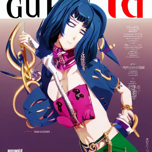 Image similar to Magazine Cover Anime key visual of a Gucci girl; official media; typography; drawn by Hirohiko Araki; Jojo's Bizarre Adventure; Jojolion, portrait, made by Stanley Artgerm Lau, WLOP, Rossdraws, James Jean, Andrei Riabovitchev, Marc Simonetti, Yoshitaka Amano, ArtStation