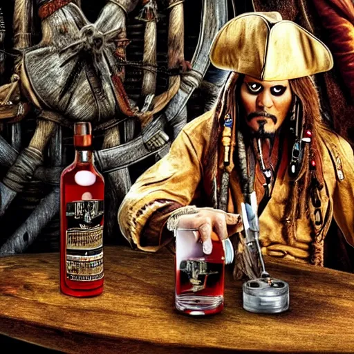 Image similar to jack sparrow drinks rum from bottle at his pirate ship, focus, 3 d illustration, sharp, intricate, poster, bottle of rum, pirate ship at background, photo, detailed photo, scene from pirates of caribbean