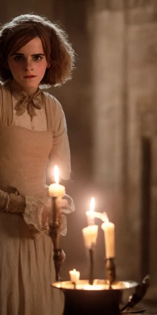 Image similar to Emma Watson as Hermione Granger in Kubrick's Barry Lyndon, natural candle lighting, movie still