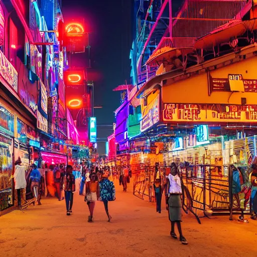 Image similar to ndebele cyberpunk city of the future, bustling street scene, ndebele neon lights, ndebele fashion, high definition, detailed, futuristic, night scene, realistic