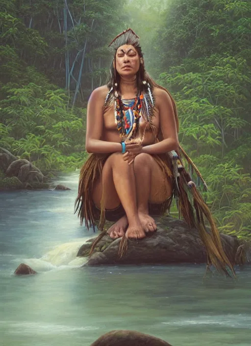 Image similar to a realistic painting of an indigenous woman with a beautiful shaman outfit meditating near a river in the amazon jungle, gazing at the water, highly detailed, art by christophe vacher