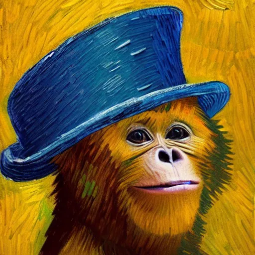 Image similar to a van gogh painting of a baby orangutan wearing a top hat, 4 k, hyper realistic, dslr, landscape, high resolution