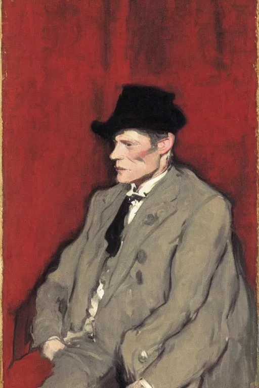 Image similar to portrait of ed harris as a gentleman wearing a a red edwardian suit by walter sickert, john singer sargent, and william open