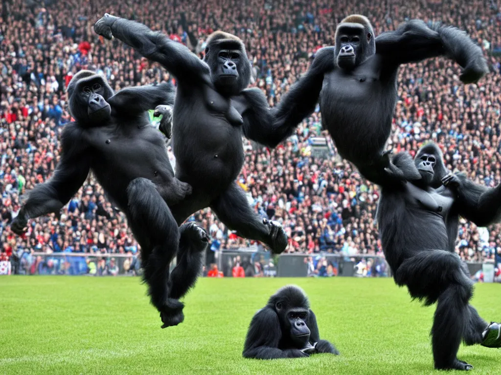 Image similar to a gorilla jumping to head the ball on a corner kick, vivid