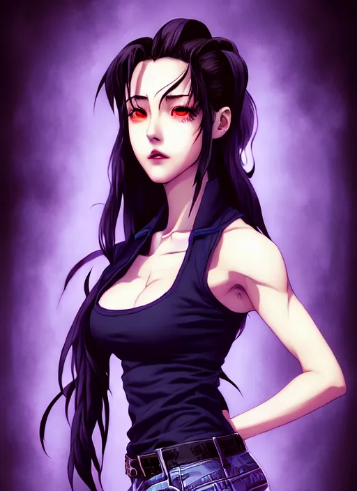 Image similar to a portrait of dilraba dilmurat as revy from black lagoon, smirk, black tank top, jean shorts, symmetrical eyes, symmetrical face, art by lois van baarle and loish and ross tran and rossdraws and sam yang and samdoesarts and artgerm, digital art, intricate, sharp focus, unreal engine 5