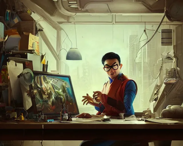 Image similar to an insanely detailed painting of a nerdy asian man wearing a superhero costume, sitting at a desk, staring at the nervously at the computer and typing, in the style of peter mohrbacher, dramatic lighting and composition, octane render, pixar, trending on artstation, concept art, comic book, view from behind