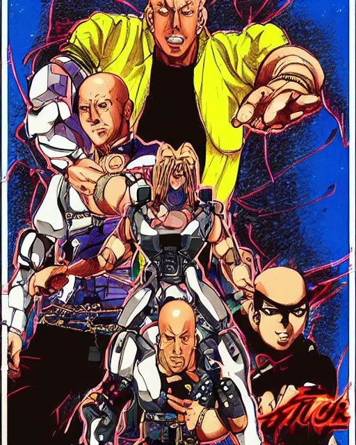 Image similar to Digital color pen drawing of Vin Diesel from JoJo\'s Bizzare Adventure with a humanoid robot standing in the background, highly detailed, sharp focus, screentone shading, 1990 manga panel, trending on ArtStation, manga cover art drawn by Hirohiko Araki
