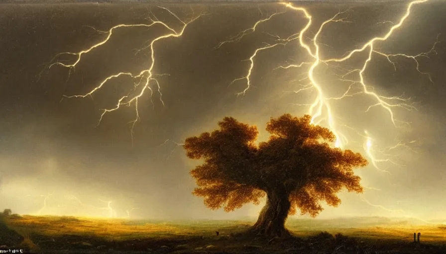 Prompt: A beautiful, highly-detailed oil painting of a lightning striking a lonely oak tree in the middle of a dark, stormy landscape