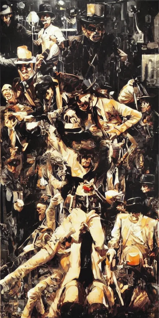 Image similar to oil painting scene from A Clockwork Orange movie art by kim jung gi