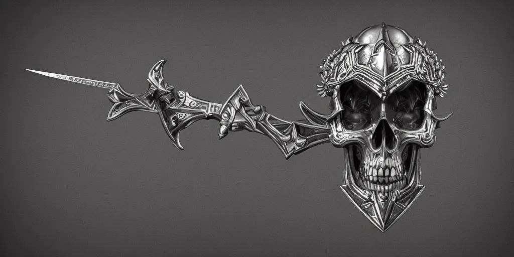 Image similar to a black and silver sword skull crest, orthographic, ornament, weapon, a 2 d render by dom qwek, front side, concept art, trending on polycount, artstation, hard surface modeling, rendered in maya, zbrush, hd, vray, blizzard, symmetry