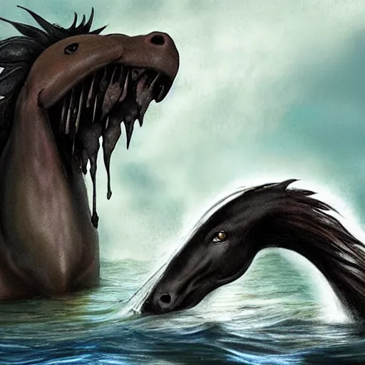 Image similar to kelpie : this sea monster takes on several shapes, but usually comes as a horse. this monster can look like a lost pony, with its mane dripping with water, and tricks women and children to ride on it. it then takes its unlucky rider to the water to drown and eat its victim. 8 k digital art, trending on artstation, sharp focus,