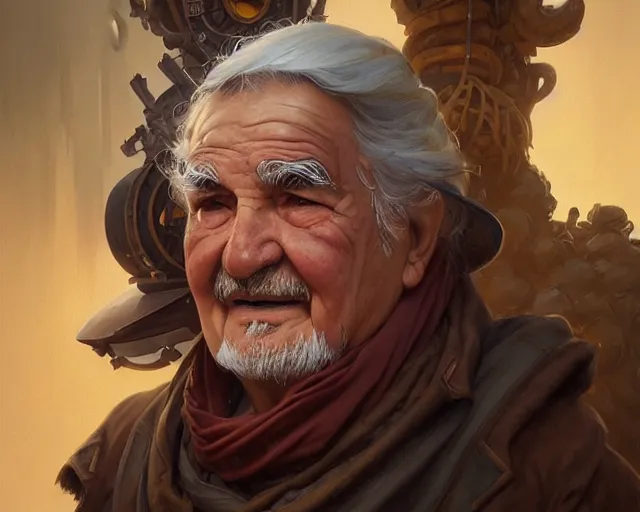 Image similar to old engineer, pepe mujica, deep focus, d & d, fantasy, intricate, elegant, highly detailed, digital painting, artstation, concept art, matte, sharp focus, illustration, hearthstone, art by artgerm and greg rutkowski and alphonse mucha