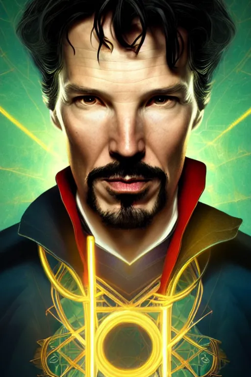 Prompt: Portrait of a doctor strange with dark hair, elegant, photorealistic, highly detailed, artstation, smooth, sharp focus, gold ornaments, neon lighting, sci-fi, art by Klimt