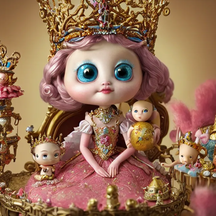 Prompt: highly detailed closeup, portrait of a tin toy fairytale princess sitting on a throne wearing a crown eating cakes, unreal engine, nicoletta ceccoli, mark ryden, earl norem, lostfish, global illumination, detailed and intricate environment