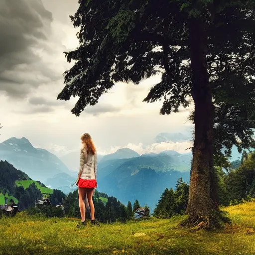 Image similar to a beautiful photograph of a girl with switzerland landscape in the background with trees, hdr, 8 k, high quality, sharp focus, artstation, highly detailed, award - winning, dramatic lighting, beautiful clouds, and nature