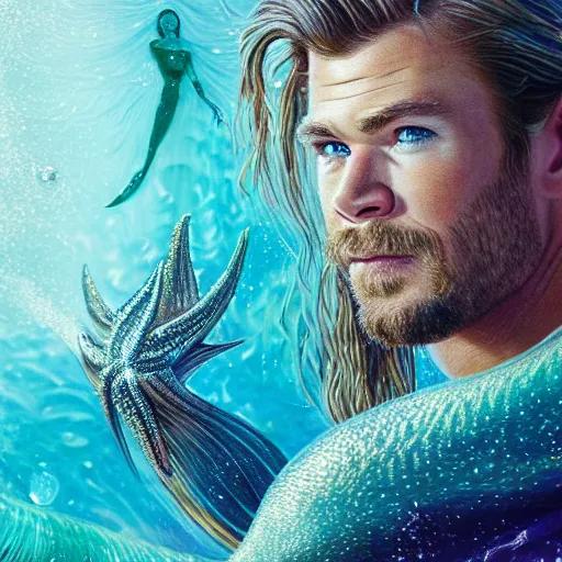 Prompt: chris hemsworth portrait, fantasy, mermaid, hyperrealistic, game character, underwater, highly detailed, cinematic lighting, pearls, glowing hair, shells, gills, crown, water, highlights, starfish, jewelry, realistic, digital art, pastel, magic, fiction, ocean, king, colorful hair, sparkly eyes, fish, heroic, god, waves, bubbles ”