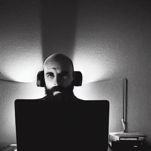 Prompt: dystopian photo of a slim, bald, middle aged man with a short beard and sleeve tattoos, he is sitting at a desk with a pc in a dark room, atmospheric, darkness, glowing screen, crisp detail, medium distance, office cubicles, by paolo pellegrin