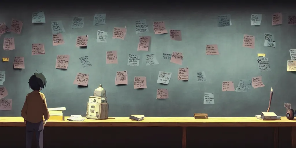 Prompt: a wholesome animation key shot of a wall full of notes and sticky notes, a large detective blackboard, hipster vibes by studio ghibli, animation, sharp, rendered in unreal engine 5, focused, anime key art by greg rutkowski, bloom, dramatic lighting