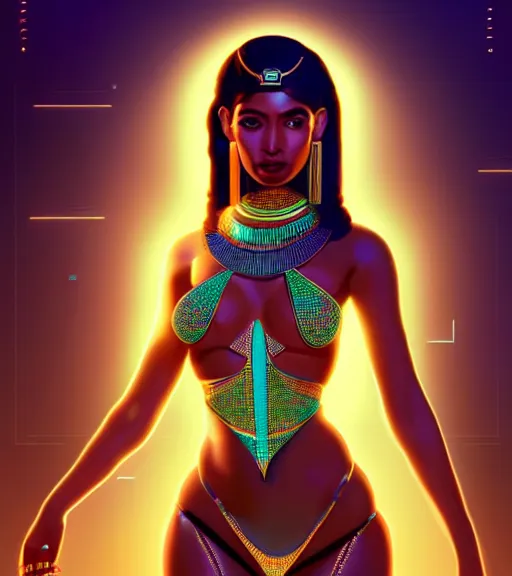 Image similar to symmetry!! egyptian princess of technology, solid cube of light, hard edges, product render retro - futuristic poster scifi, lasers and neon circuits, brown skin gorgeous egyptian princess, intricate, elegant, highly detailed, digital painting, artstation, concept art, smooth, sharp focus, illustration, dreamlike, art by artgerm